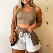 Fashion Contrast Color Two-piece Set Consist of Brown Crop Top and Drawstring Shorts