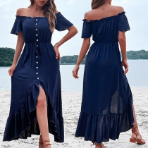 Sexy Solid Color Off-the-shoulder Short Sleeve Front Buttoned Ruffled Irregular Hemline Dress