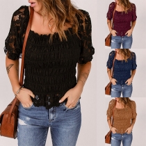 Fashion Squared Neck Short Sleeve Lace Spliced Shirt