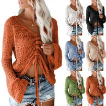 Sexy Solid Color V-neck Long Sleeve Front Drawstring Crochet Shirt