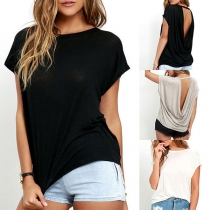 Fashion Solid Color Draped Backless Short Sleeve Shirt
