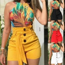 Fashion Solid Color Buttoned High-waist Self-tie Shorts
