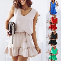 Casual Solid Color V-neck Sleeveless Self-tie Tiered Dress