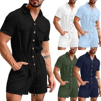 Fashion Solid Color Short Sleeve Buttoned Polo Neck Romper for Men