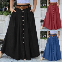 Fashion Solid Color Buttoned Maxi Skirt