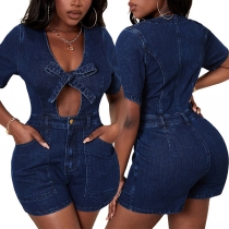 Sexy Plunge V-neck Bowknot Short Sleeve Romper