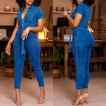 Sexy Polo Neck Zipper Short Sleeve Self-tie Jumpsuit