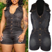 Fashion Old-washed Stand Collar V-neck Buttoned Sleeveless Bodycon Denim Romper