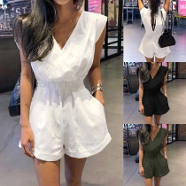 Casual Solid Color V-neck Short Sleeve Elastic Waist Romper