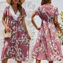Fashion Floral Printed Lace Spliced V-neck Short Sleeve Dress