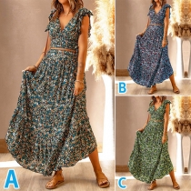 Fashion Floral Printed Two-piece Set Consist of V-neck Crop Top and Maxi Skirts