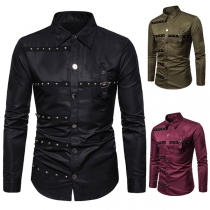 Fashion Polo Neck Buttoned Beaded Long Sleeve Blouse for Men