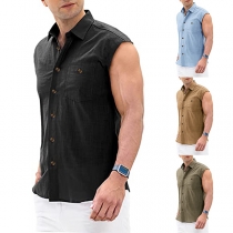 Fashion Solid Color Polo Neck Sleeveless Buttoned Shirt for Men