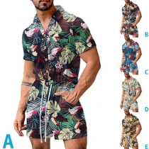 Bohemia Style Floral Printed Polo Neck Short Sleeve Buttoned Romper for Men
