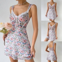 Fashion Floral Printed Lace Spliced Sweetheart Neckline Slip Dress