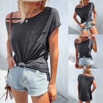 Casual Solid Color One-shoulder Shirt