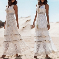 Fashion Lace V-neck Sleeveless High-waist Tiered Maxi Dress