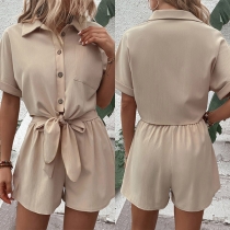 Casual Solid Color Two-piece Set Consist of Self-tie Blouse and Shorts