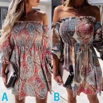 Bohemia Style Paisley pattern Off-the-shoulder Elbow Sleeve Smocked Mini Dress