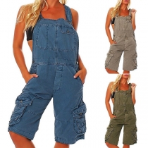 Casual Patch Pockets Denim Romper