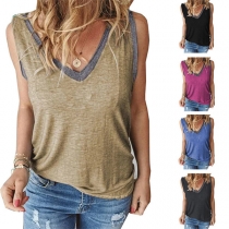 Casual Contrast Color V-neck Sleeveless Shirt