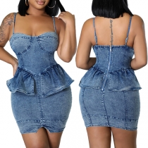 Sexy Old-washed Sweetheart  Ruffled Bodycon Denim Dress
