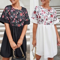 Casual Contrast Color Floral Printed Short Sleeve Loose Dress