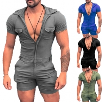 Casual Solid Color Front Zipper Short Sleeve Romper for Men