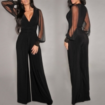 Sexy V-neck Gauze Spliced Long Sleeve Rivet High-waist Wide-leg Jumpsuit
