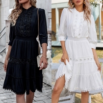 Casual Lace Spliced Round Neck Elbow Sleeve Tiered Dress