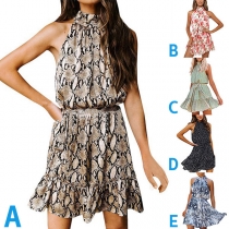 Casual Printed Sleeveless Self-tie Tiered Halter Dress