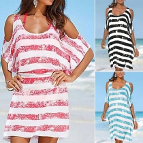 Casual Contrast Color Stripe Printed Round Neck Open-shoulder Summer Beach Dress