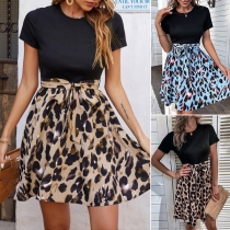 Casual Contrast Color Leopard Printed Round Neck Short Sleeve Self-tie Mini Dress