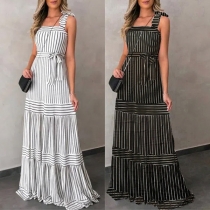 Casual Bohemia Style Stripe Printed Self-tie Maxi Dress