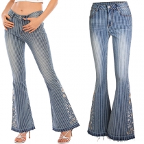 Fashion Vertical Stripe Printed Floral Embroidery Wide-leg Denim Jeans
