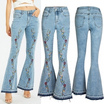 Fashion Old-washed Floral Embroidered Wide-leg Frayed Denim Jeans