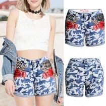 Fashion Floral Printed Frayed Denim Hot Shorts