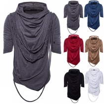 Casual Solid Color Draped Elbow Sleeve Hoodie Shirt for Men