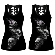 Punk Style Halloween Skull Printed Cutout Sleeveless Shirt
