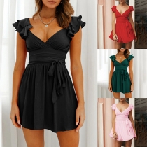 Sexy Solid Color Ruffled Sleeveless V-neck Backless Self-tie Mini Dress