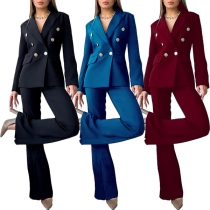 Elegant Solid Color Suit Set Consist of Double-breasted Lapel Blazer and Wide-leg Pants