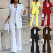 Elegant Solid Color Suit Set Consist of Double-breasted Lapel Blazer and Wide-leg Pants