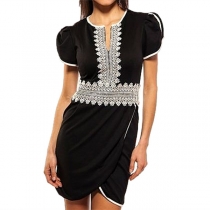 Casual Lace Spliced Slit V-neck Short Sleeve Irregular Hemline Bodycon Dress