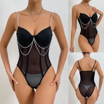 Sexy See-through Rhinestone Cut Out Lingerie Bodysuit