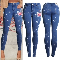 Fashion Spray Dyeing Lips Embroidery Skinny Denim Jeans