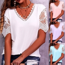 Casual Lace Spliced V-neck Short Sleeve Shirt