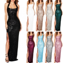 Sexy Bling-bling Sequined Sleeveless Slit Halter Party Dress