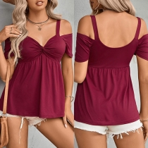 Sexy Solid Color Open-shoulder Kink-knot V-neck Open Shoulder Shirt