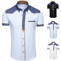 Fashion Contrast Color Stand Collar Short Sleeve Blouse for Men