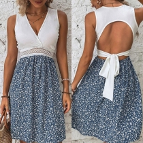 Fashion Contrast Color Floral Printed V-neck Sleeveless Back-tie Backless Fit & Flare Dress